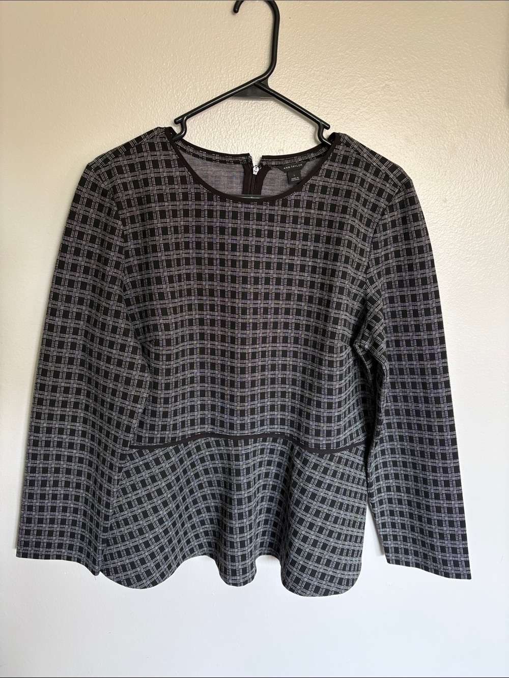 Ann Taylor Black and Gray Plaid Peplum Blouse